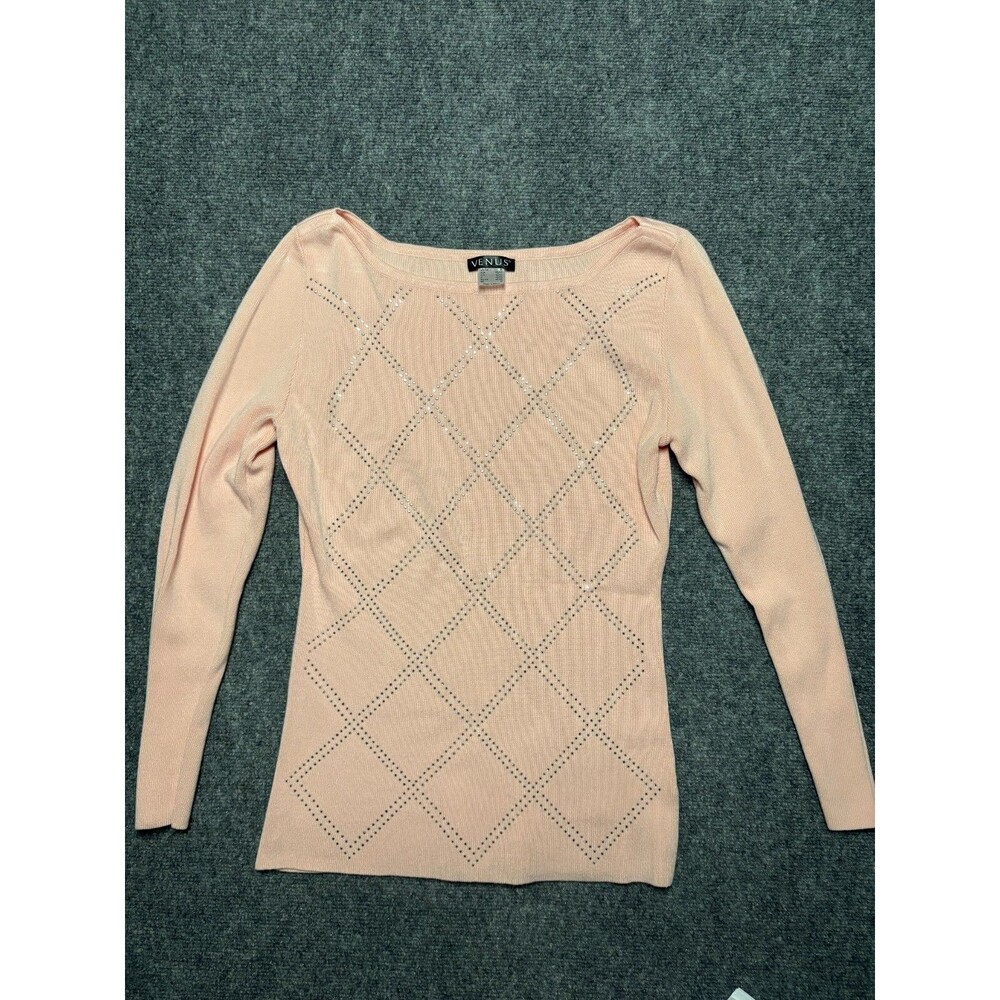 Venus Sweater Womens Medium M Peach Pullover Diamond Pattern Studded Pullover